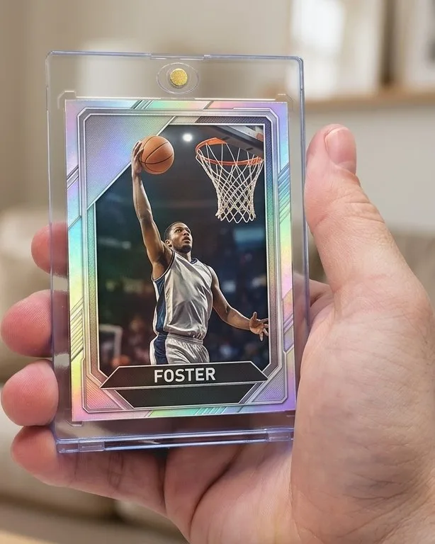 Close-up of a custom trading card in a magnetic case for gifts for women who like sports
