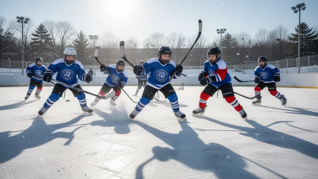Youth hockey player celebrating goal at Michigan tournament weekend with custom trading card nearby