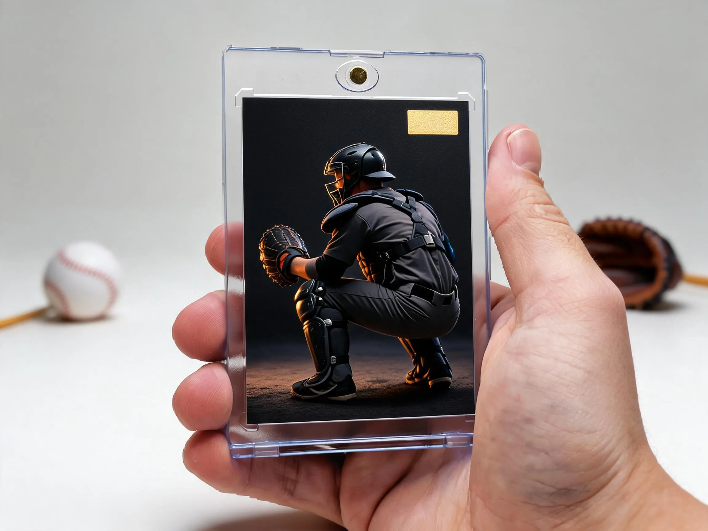 Custom baseball trading card in clear magnetic case displayed on white tabletop.