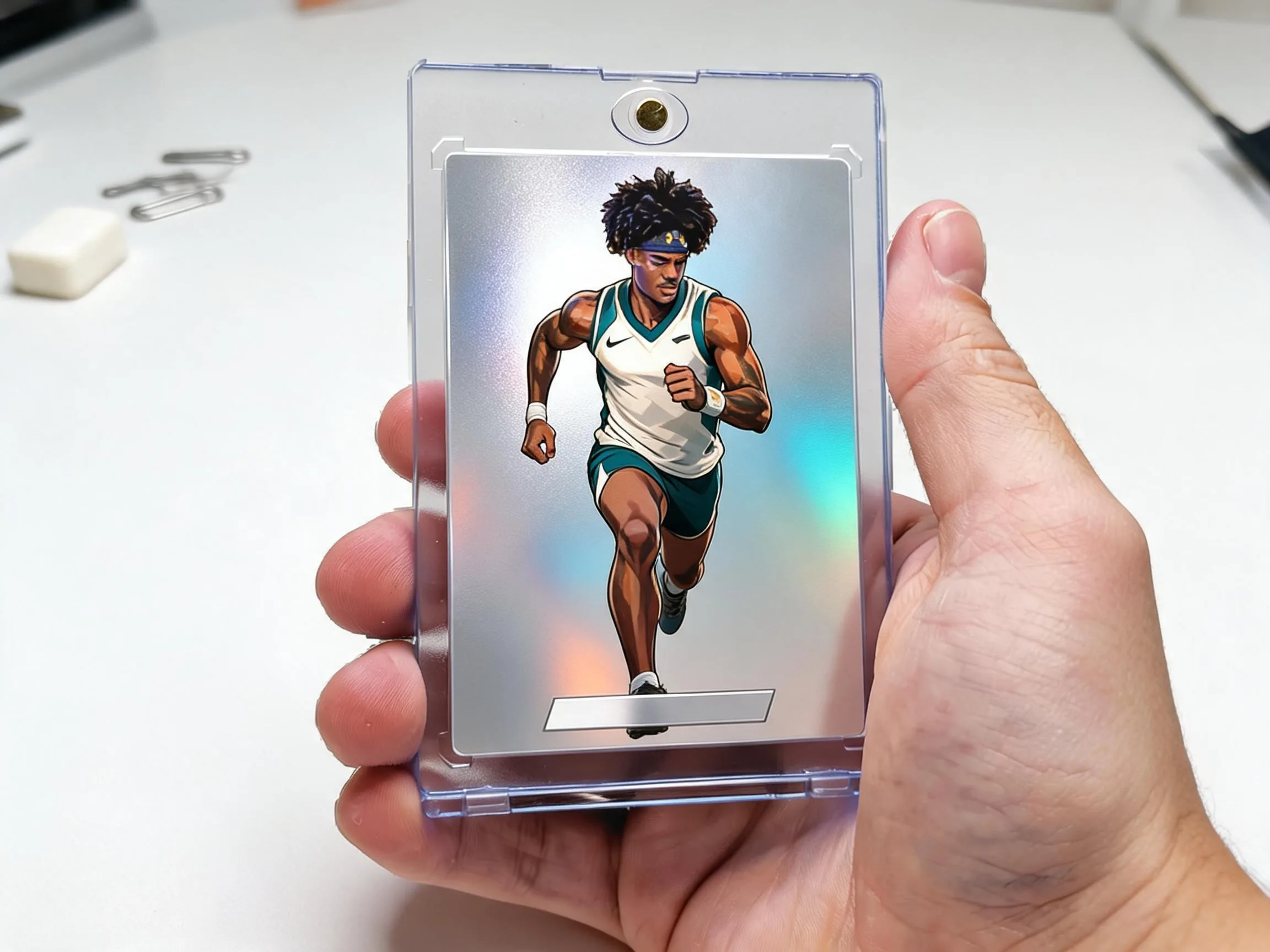 Custom keepsake trading card in a magnetic case with chrome refractor foil finish.