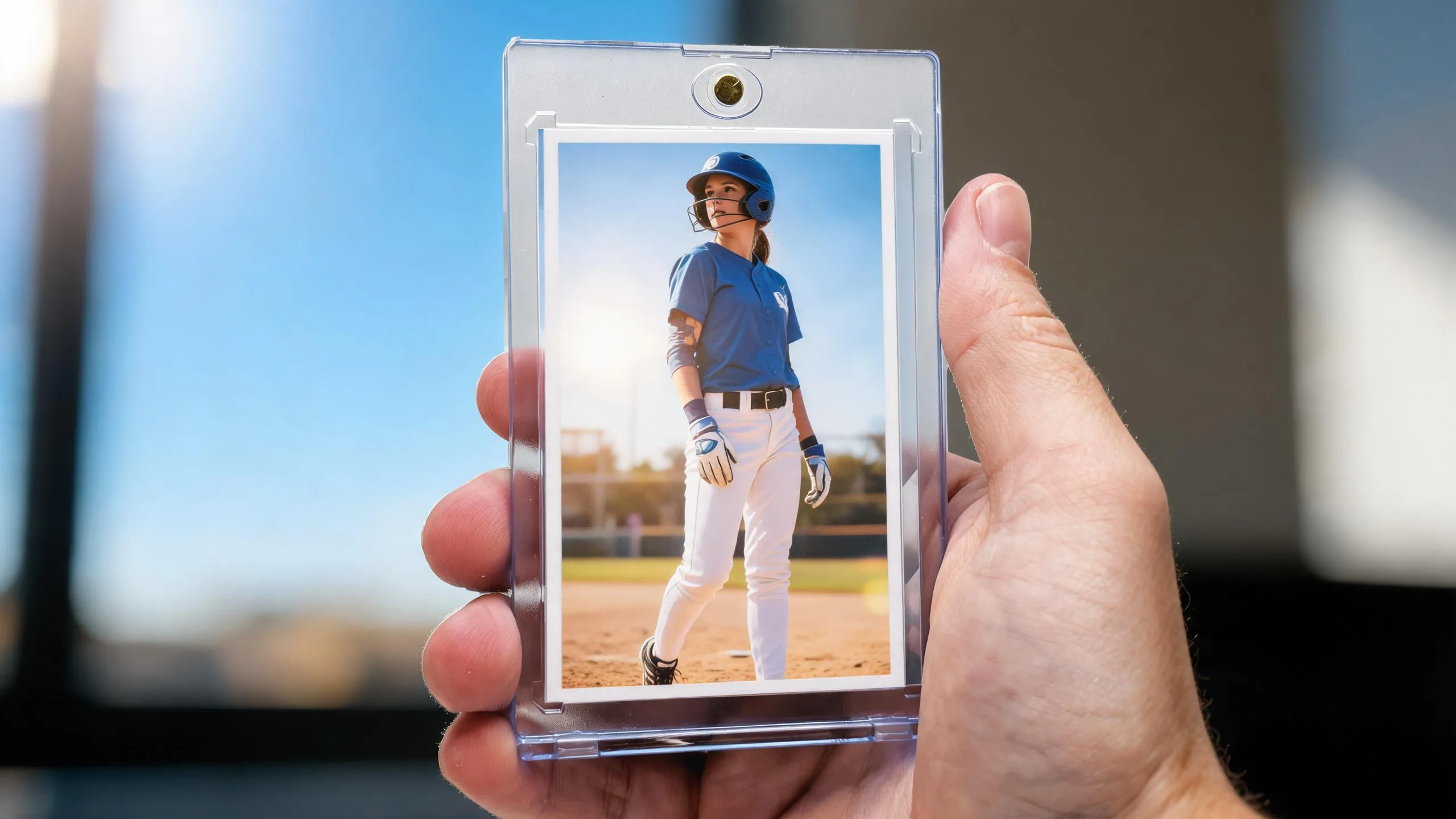 Hand holding an inexpensive plaques and awards keepsake card in a magnetic acrylic case outdoors.