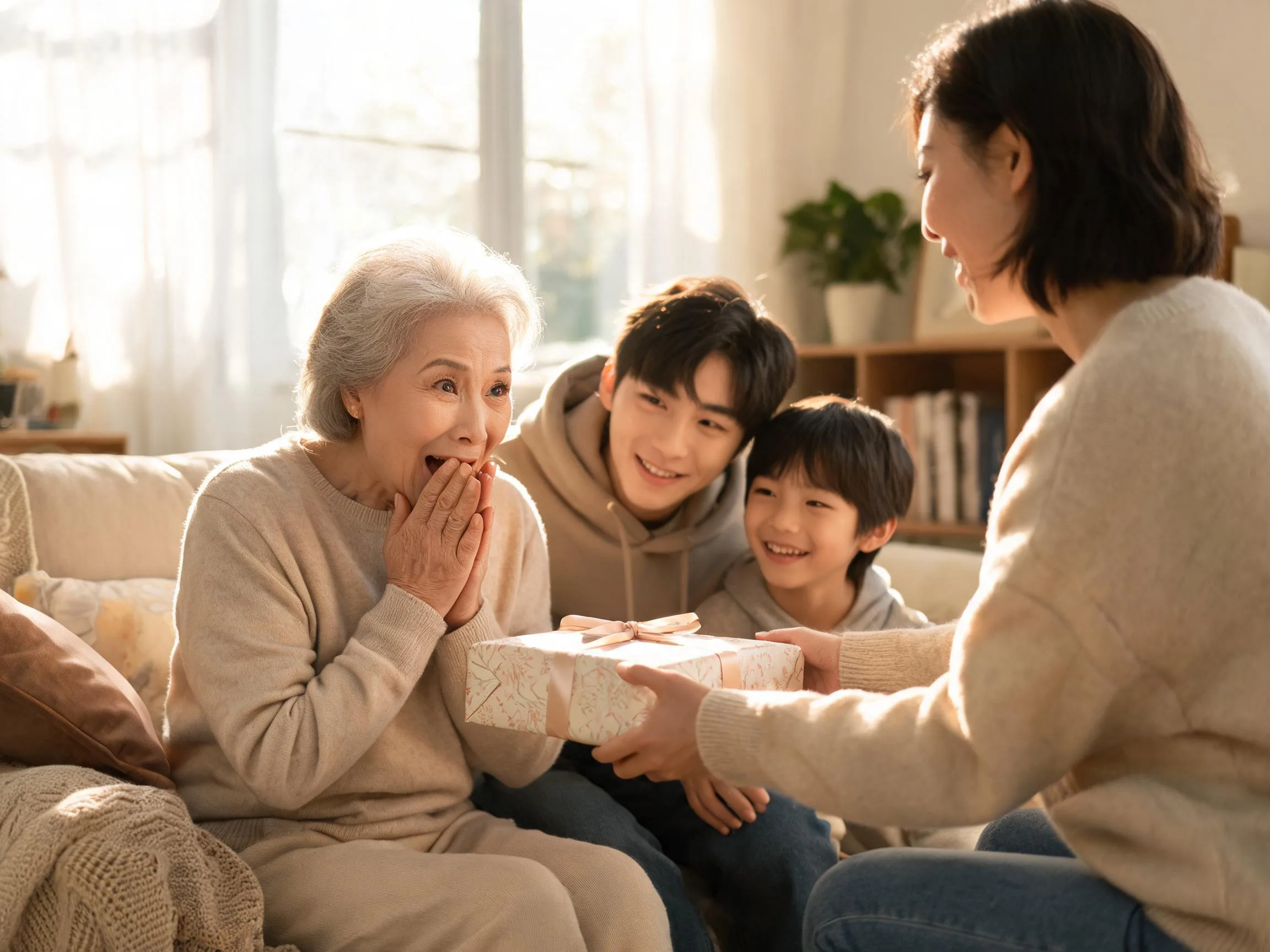 Grandmother reacting with joyful surprise while unexpectedly receiving a wrapped gift indoors.