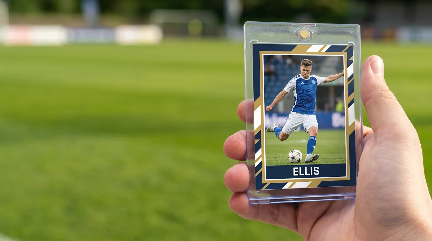 make your own soccer trading cards: a custom printed trading card in a magnetic case, held in hand