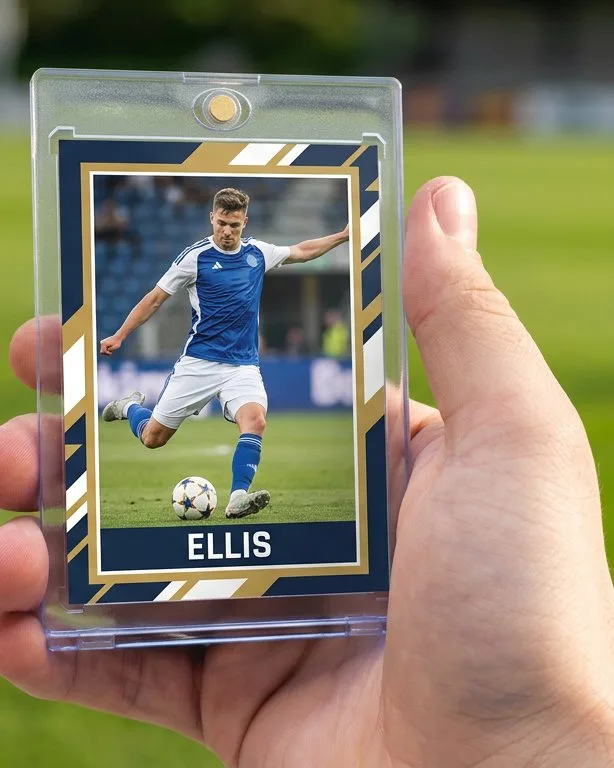 Close-up of a custom trading card in a magnetic case for make your own soccer trading cards