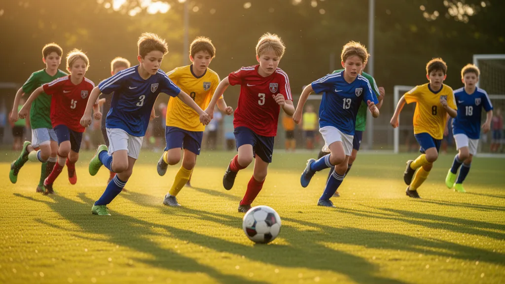 Youth soccer players competing in a memorial weekend soccer tournament on a sunny spring afternoon