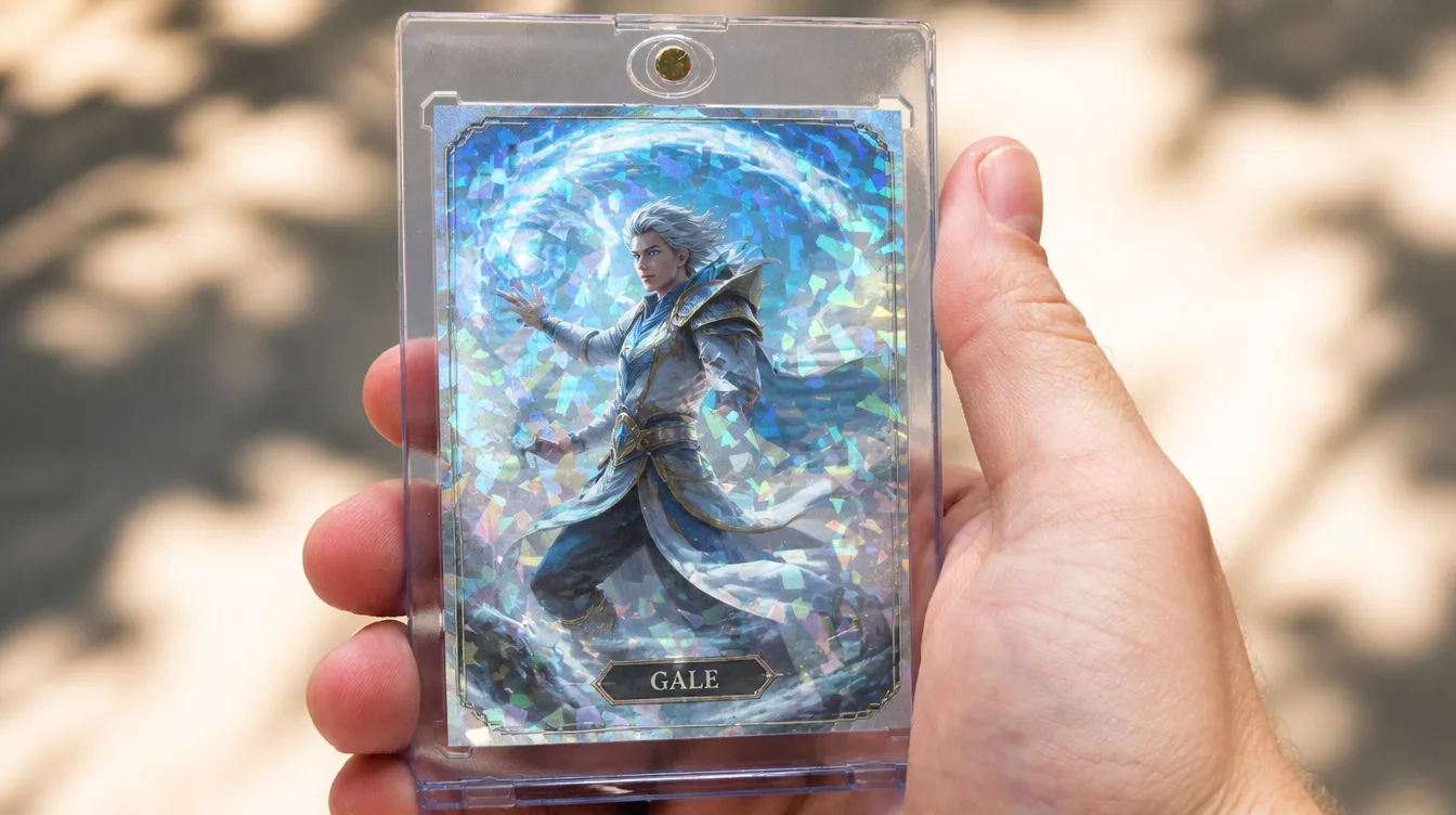 Custom fantasy card from an MTG card maker online, held in a clear magnetic case