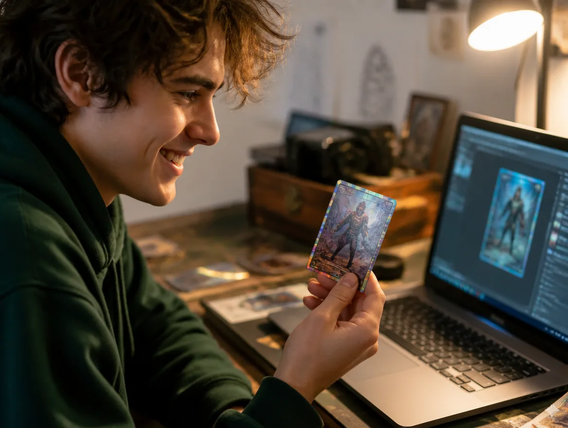 Person at a laptop holding a freshly printed custom fantasy trading card