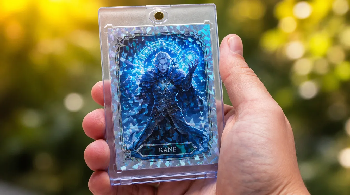 Custom MTG-style card made with an mtg custom card maker, shown in a magnetic case