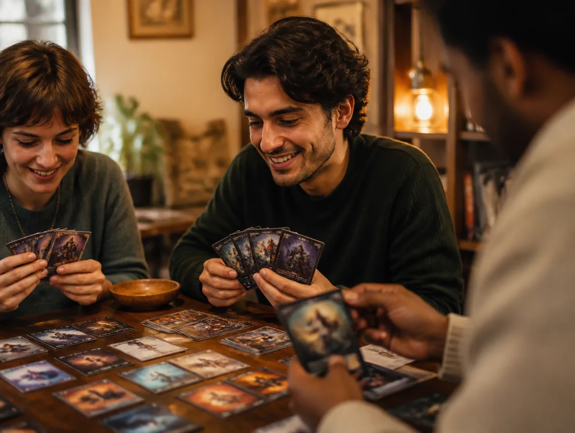 Friends playing a fantasy trading card game together at a table