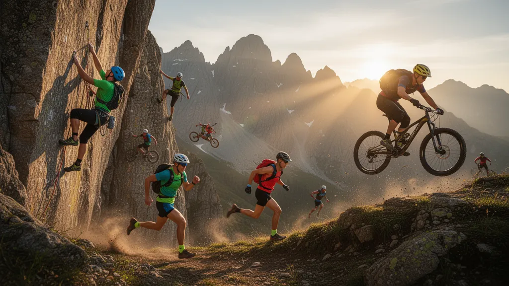 Multiple outdoor sports athletes in action across mountainous terrain with golden sunlight and dynamic motion