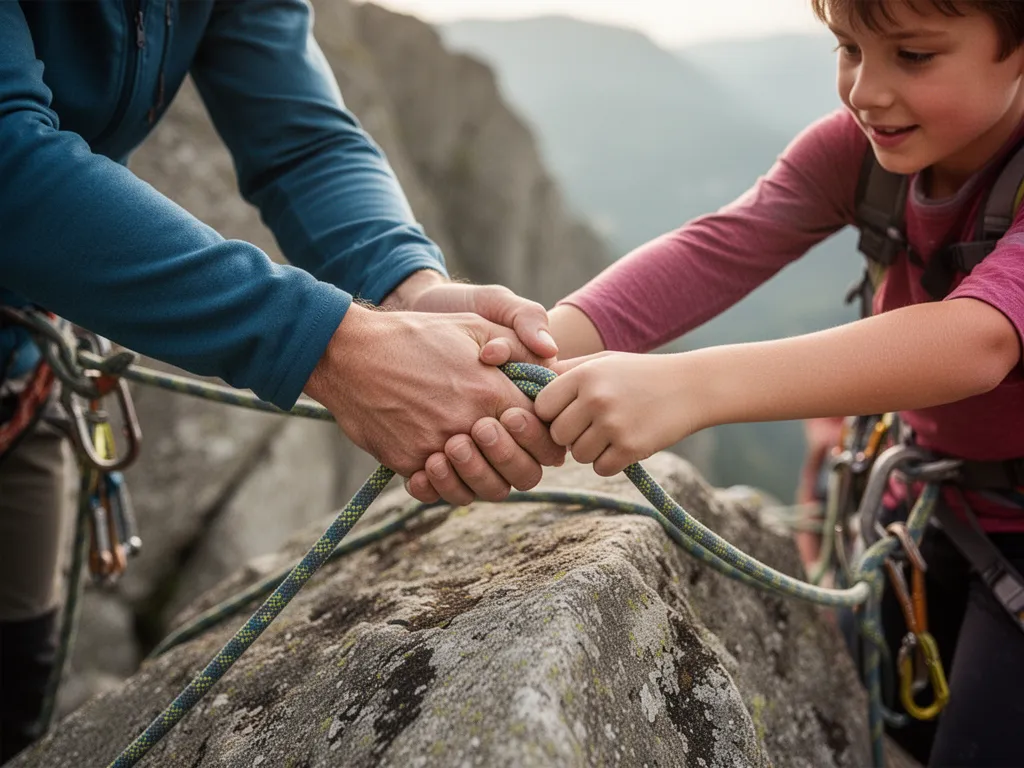 Parent and child's hands united on climbing rope showing trust and outdoor adventure bonding