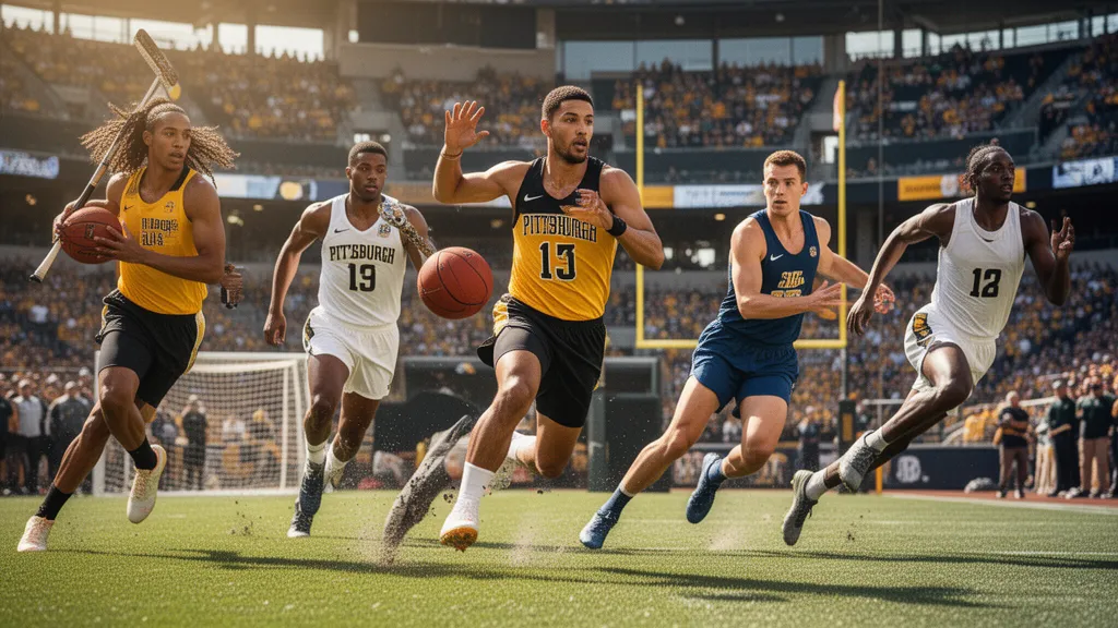 Multiple Pittsburgh athletes competing in various sports with dynamic motion and outdoor natural lighting