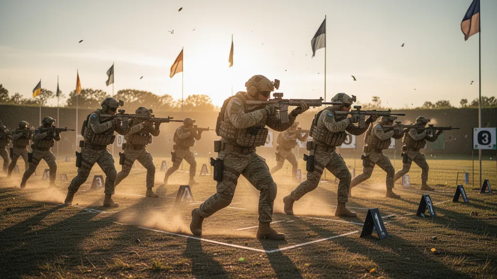 Multiple competitive shooters in tactical gear firing rifles at outdoor shooting range during golden hour