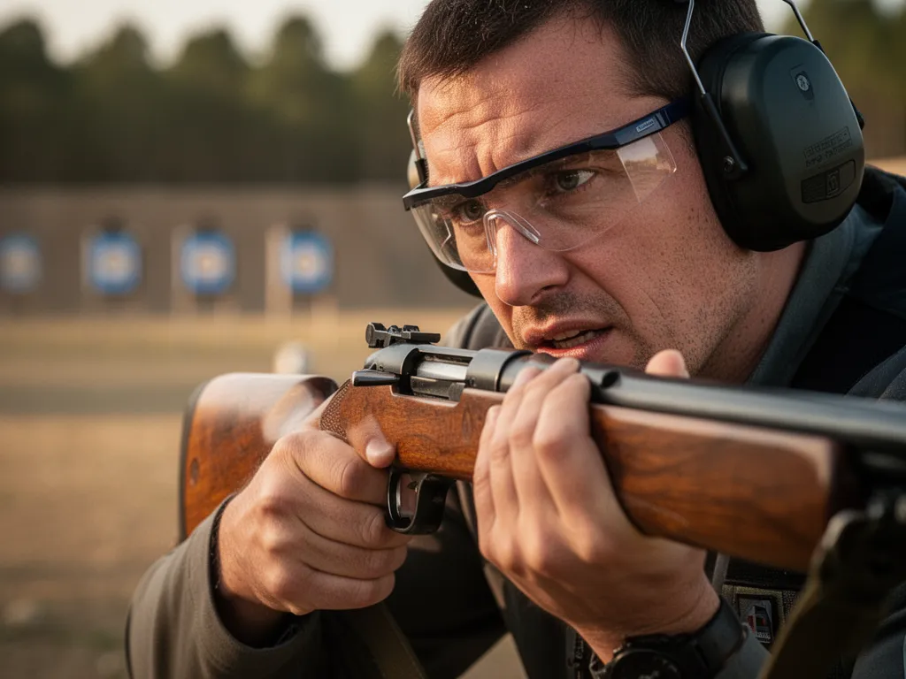 Competitive shooter's hands and concentrated face during precision rifle shooting moment at range