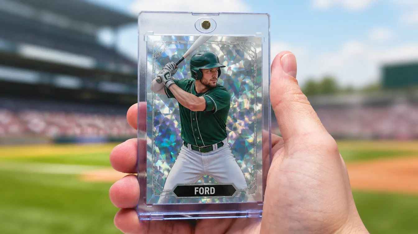 Custom baseball card at the size of a standard trading card in a magnetic case