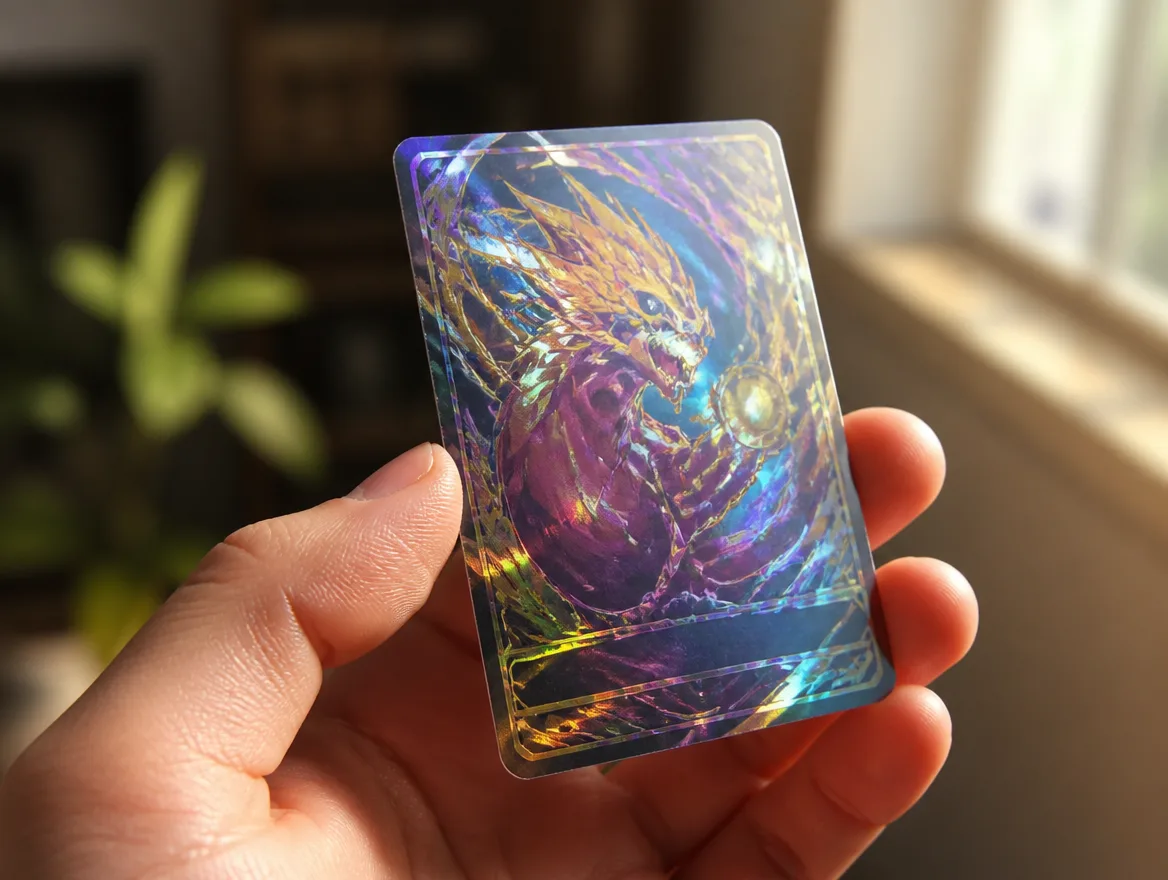 Hand holding a trading card up to the light