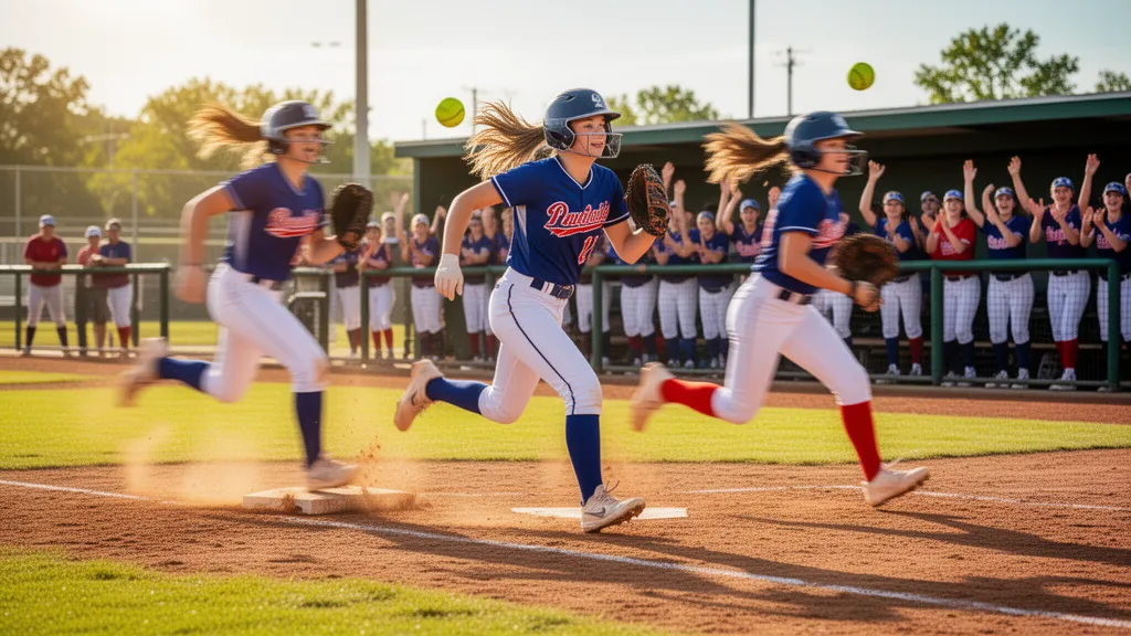Custom softball team banner trading cards fanned out on a dugout bench with magnetic cases