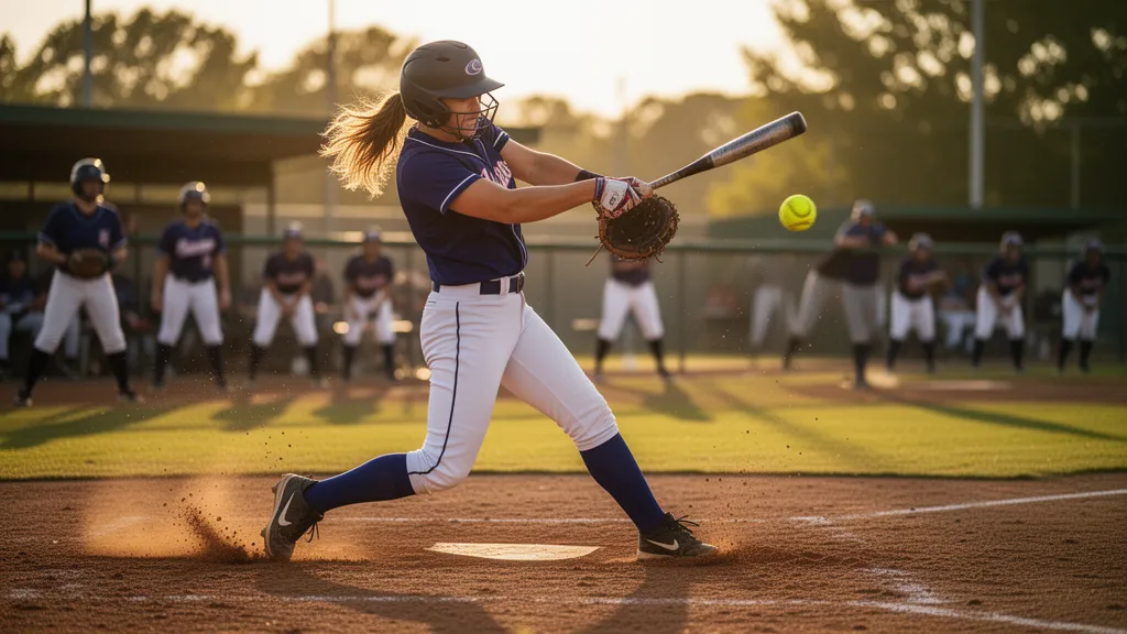 Oklahoma softball player swinging bat during weekend tournament game on a sunny diamond