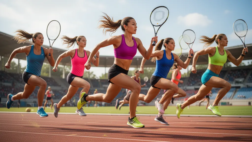 [female athletes in various sports captured mid-action with natural outdoor lighting and dynamic energy]