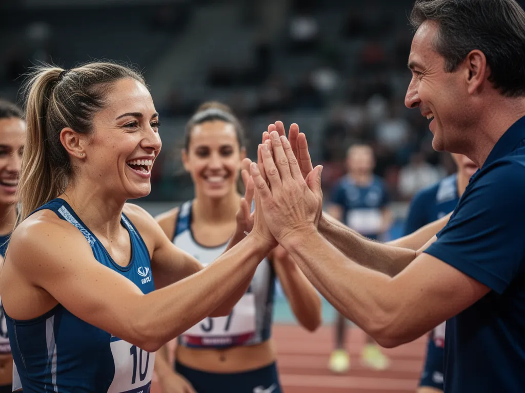 [female athlete receiving supportive high-five from coach or teammate in celebration moment]