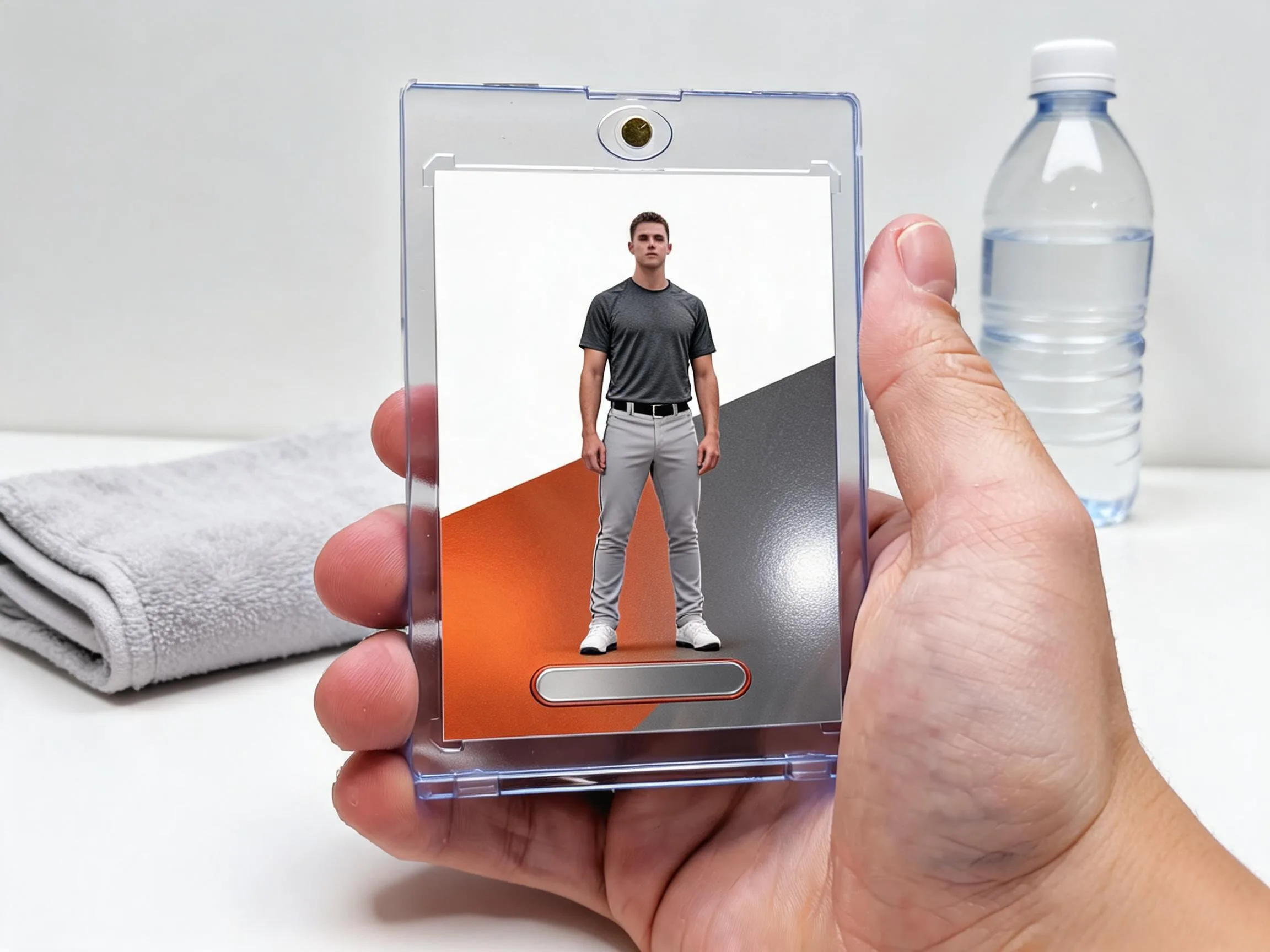 Custom keepsake trading card in clear magnetic case on white tabletop display.