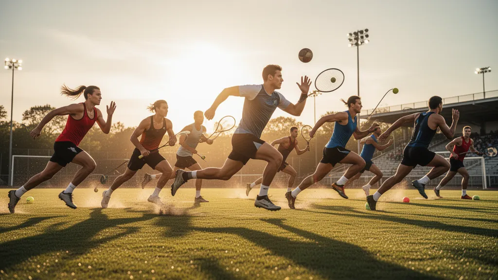 Multiple athletes competing outdoors in various sports during dynamic action moments