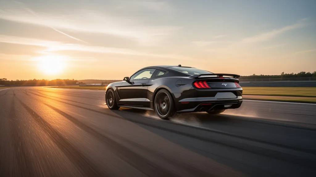 High-performance sports car racing down a sunlit track with motion and power