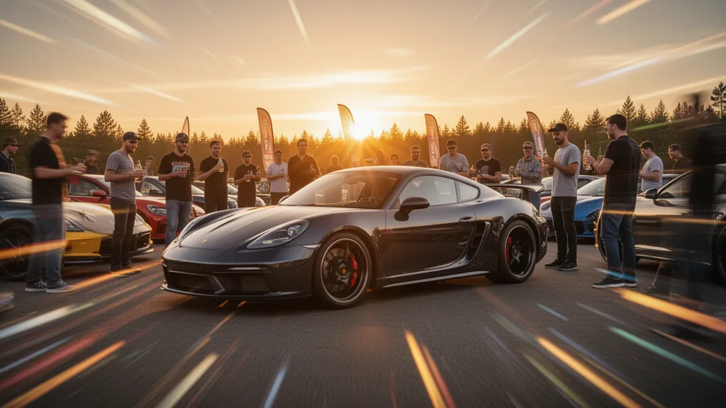 Group of enthusiasts admiring a sports car at golden hour with dynamic motion and energy