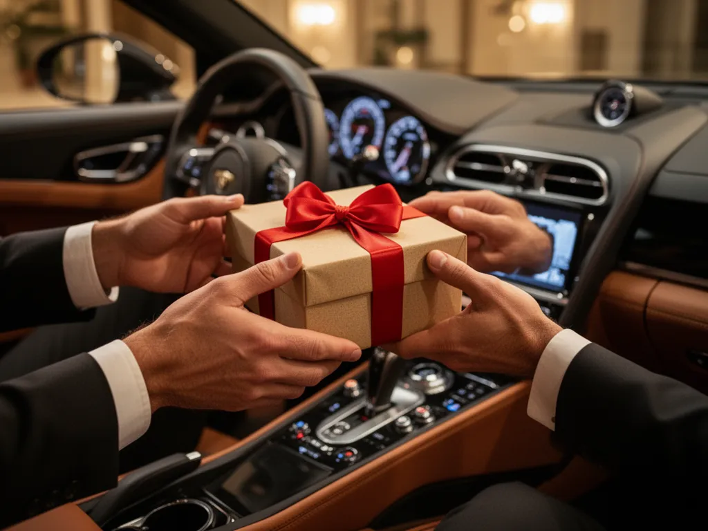 Hands presenting a gift box with genuine surprise and joy in celebration moment