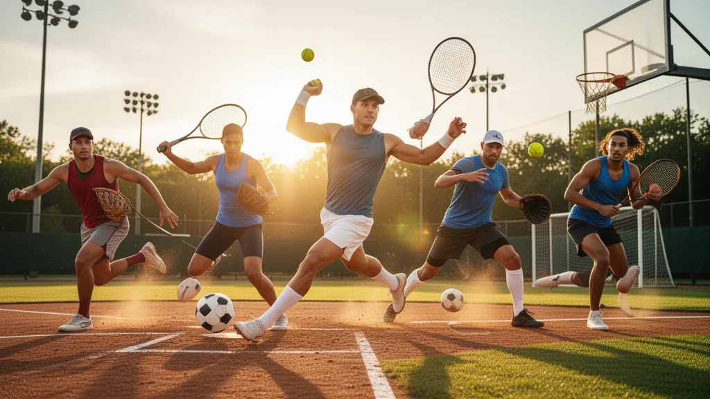 Multiple athletes playing different sports outdoors in golden sunlight with dynamic motion and energy