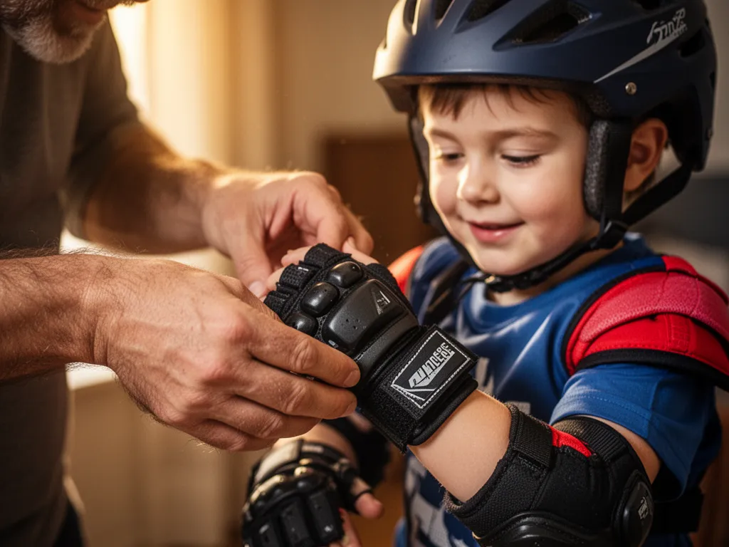 Parent carefully helping child put on protective sports helmet showing family bonding and care moment
