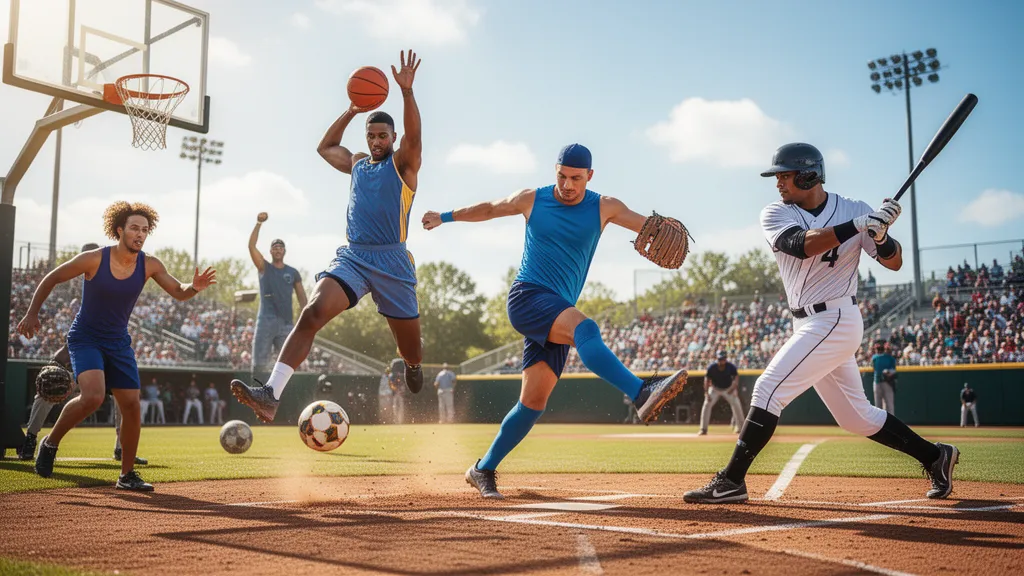 Multiple athletes in action across different sports with natural outdoor lighting and dynamic movement
