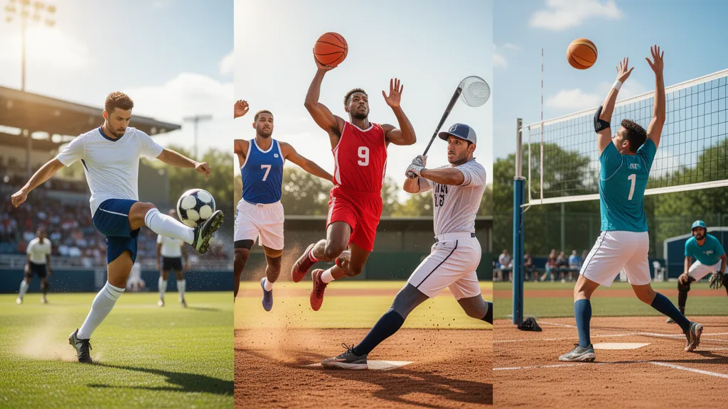 Multiple athletes from different sports competing simultaneously in energetic outdoor action