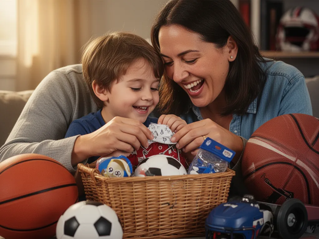 Parent and child celebrating together while opening sports-themed gift basket indoors