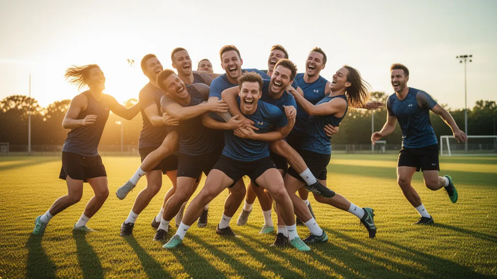Athletes in motion playfully celebrating together on a sunny outdoor field with dynamic energy