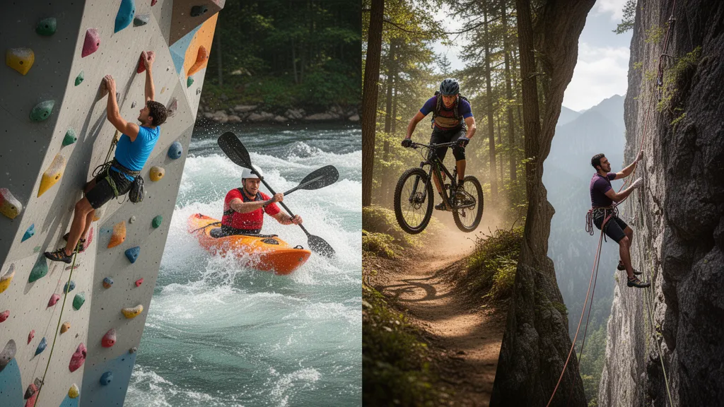 Multiple athletes engaged in action sports including climbing, kayaking, and mountain biking with natural lighting