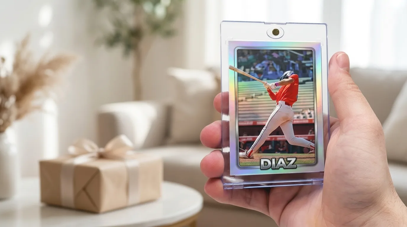 sports gift vouchers: a custom printed trading card in a magnetic case, held in hand
