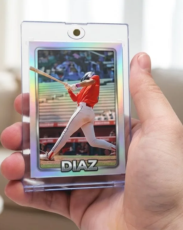 Close-up of a custom trading card in a magnetic case for sports gift vouchers