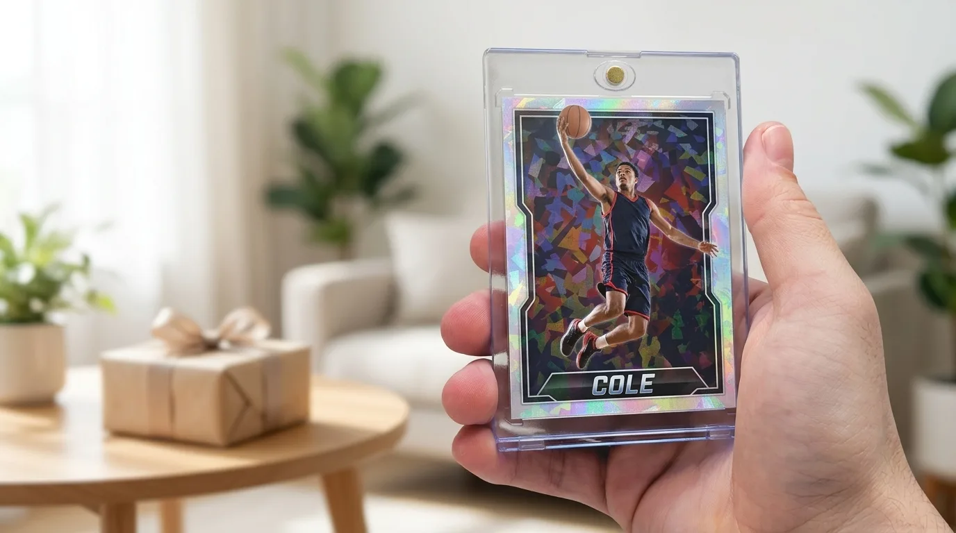 sports gifts coupon code: a custom printed trading card in a magnetic case, held in hand