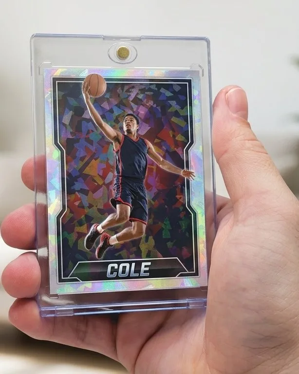 Close-up of a custom trading card in a magnetic case for sports gifts coupon code