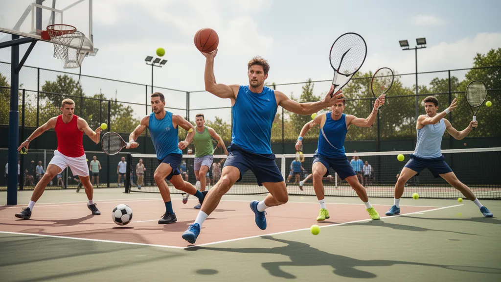 [Athletes in action playing basketball, soccer, and tennis outdoors with natural sunlight and dynamic motion]