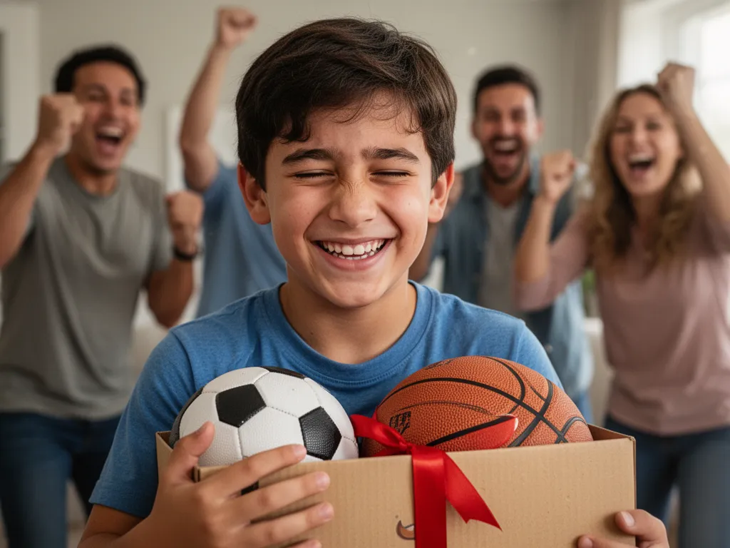 [Brother smiling while opening sports gift with family members celebrating in the background]
