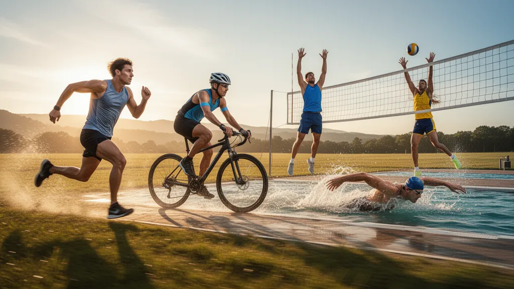 Multiple athletes in different sports competing with intensity and motion across an outdoor setting