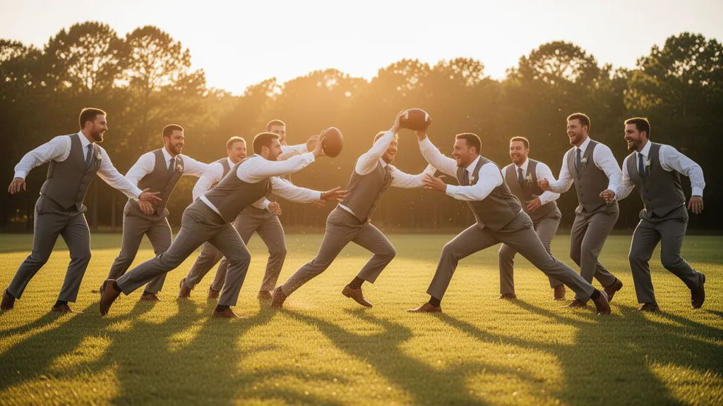 Groomsmen playing football outdoors in golden hour light with dynamic motion and energy