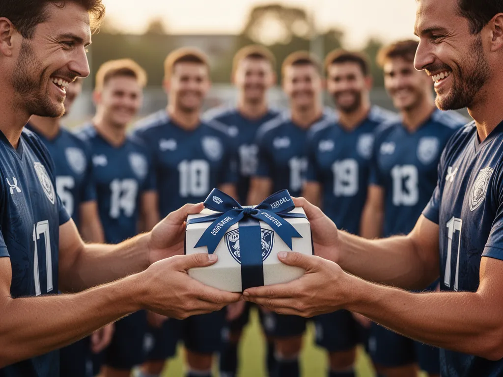 Groom presenting custom sports trading card gift to groomsman wearing suit before wedding ceremony