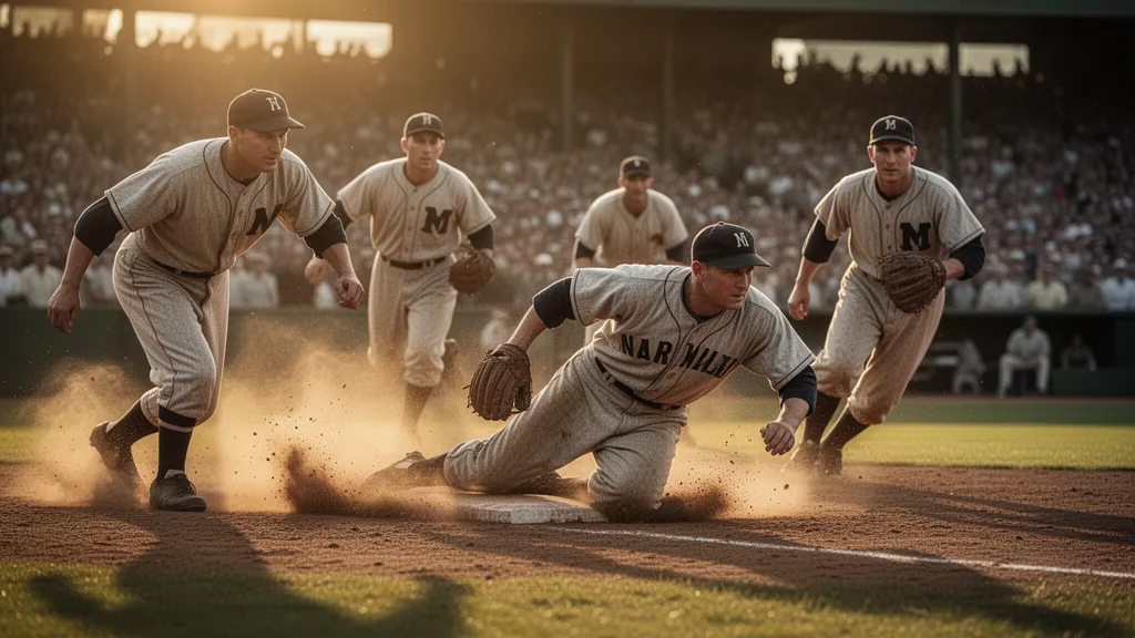 Historic baseball players in action, sliding into base with dynamic movement and golden sunlight