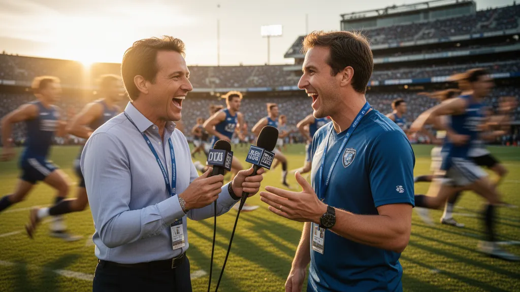 Sports journalist conducting live field interview with athlete during outdoor sporting event with natural golden lighting
