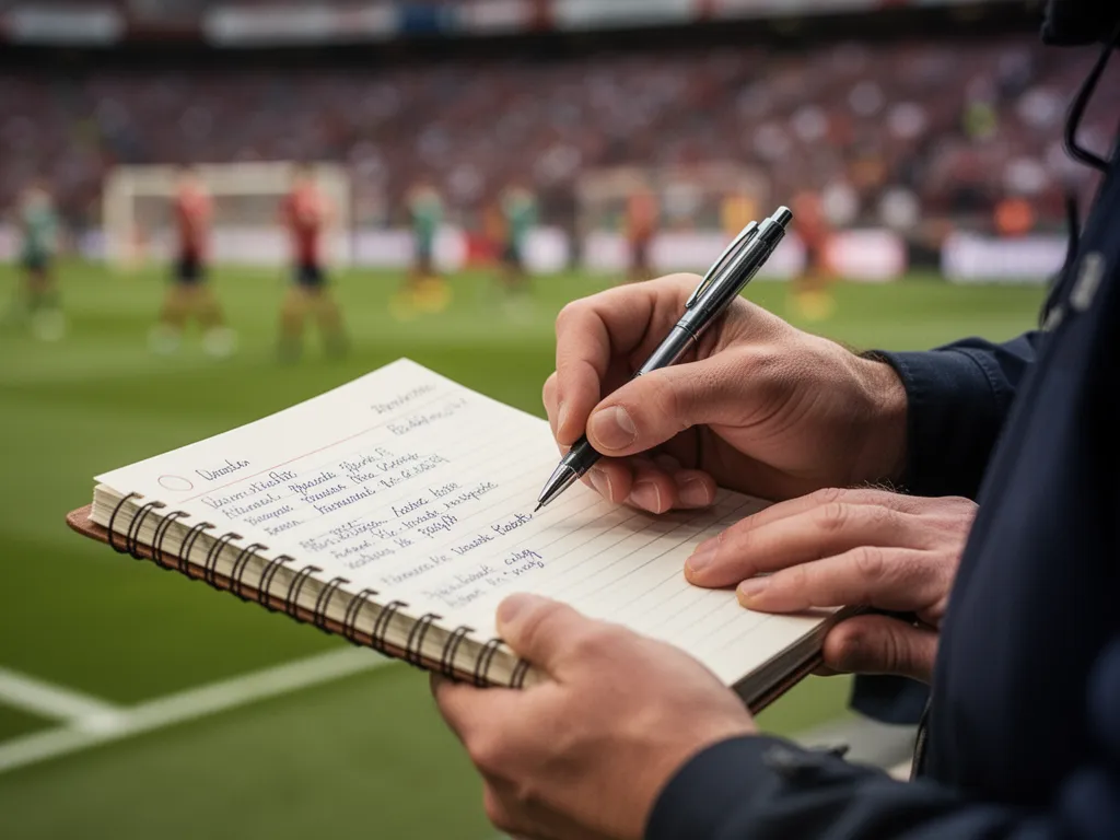 Journalist's hands writing detailed notes in notebook during sporting event with crowd visible