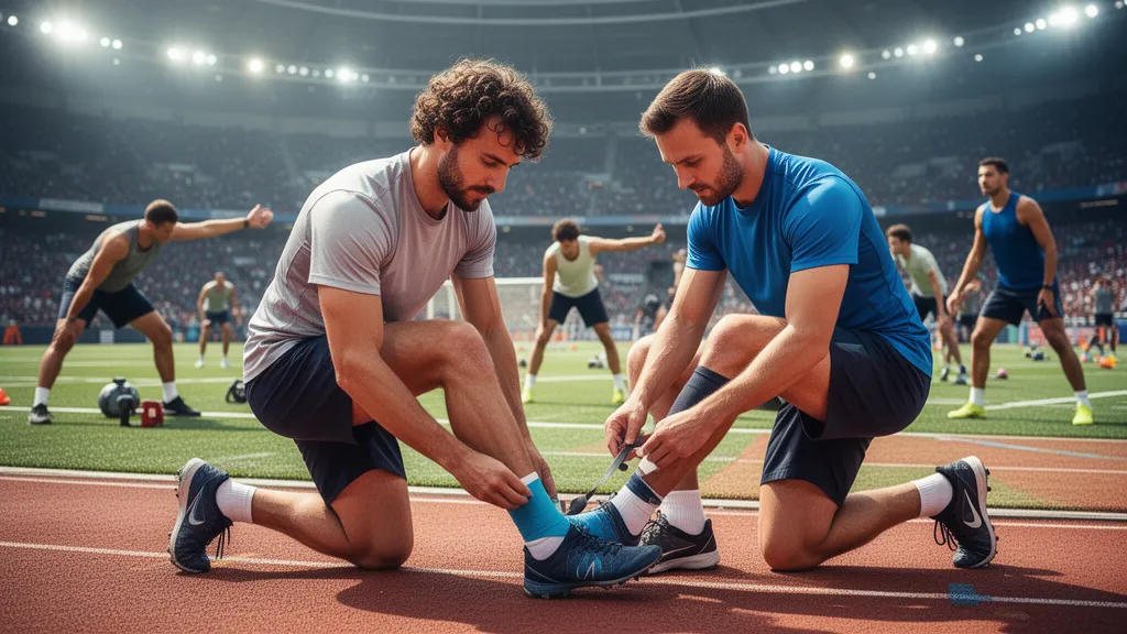 [Sports medicine professional applying athletic tape to athlete's ankle with team members warming up in background]