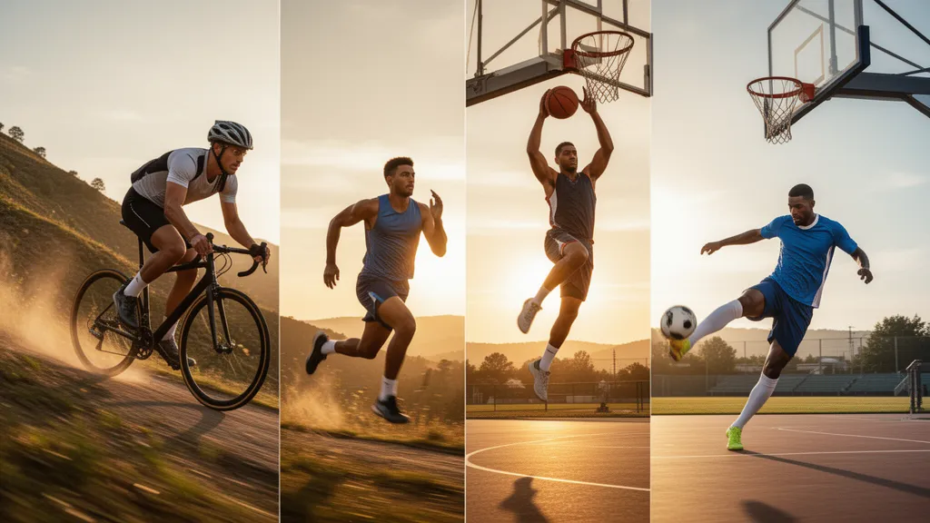 Multiple athletes competing in different sports simultaneously with dynamic motion and natural golden hour lighting